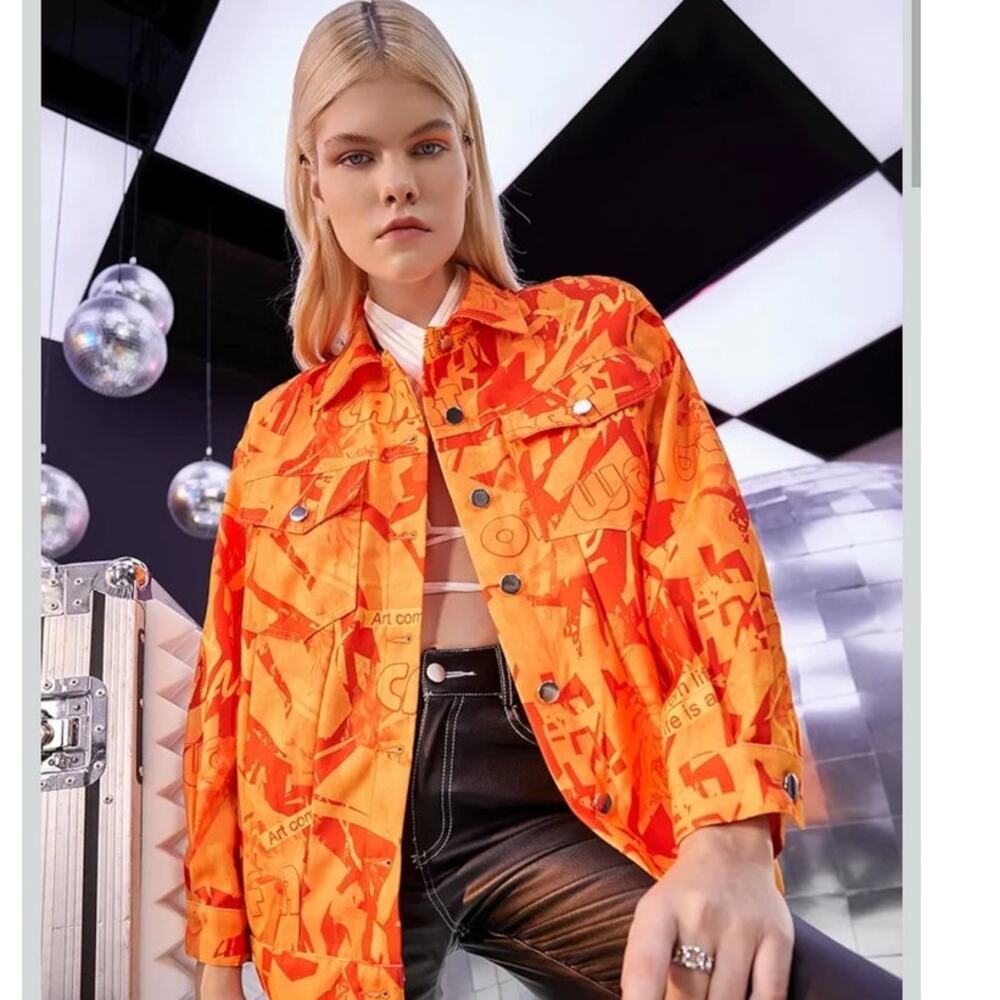 Artsy Graffiti Jacket Large Orange Art is Life Button Front Pop Streetwear Shein - Picture 1 of 14